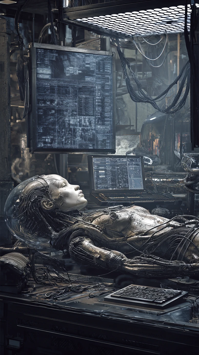 Cyborg anatomy fused with machinery in a dark laboratory