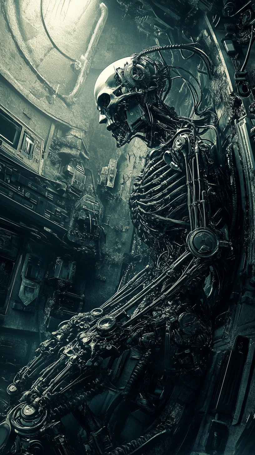 Cybernetic human fused with machinery in industrial lab
