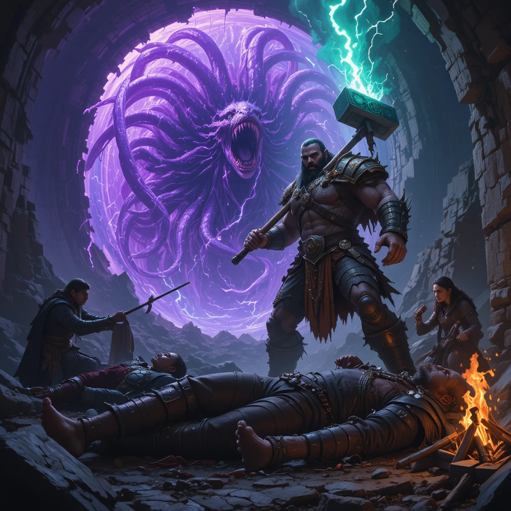 Scarred warrior defies eldritch horror in shattered ruins