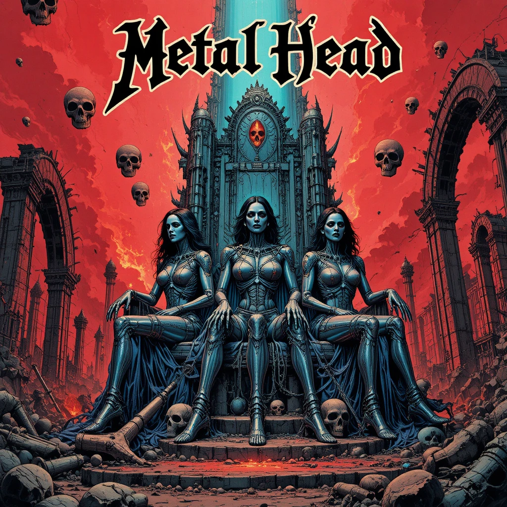 Cybernetic warrior queens on a throne of skulls and metal