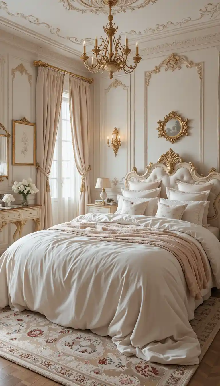 Cozy elegant bedroom filled with soft silky bedding