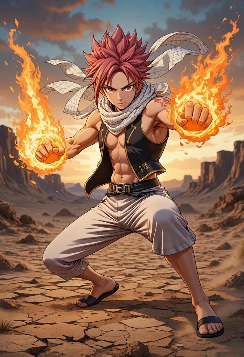 Guerrier de feu anime en position de combat basse au coucher du soleil