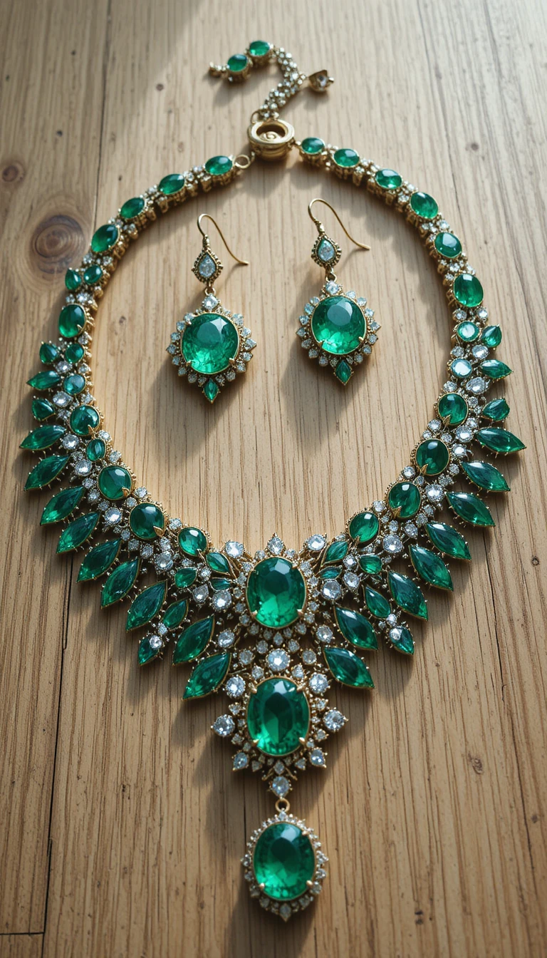 Colar, pulseira e brincos de esmeralda sobre mesa de madeira