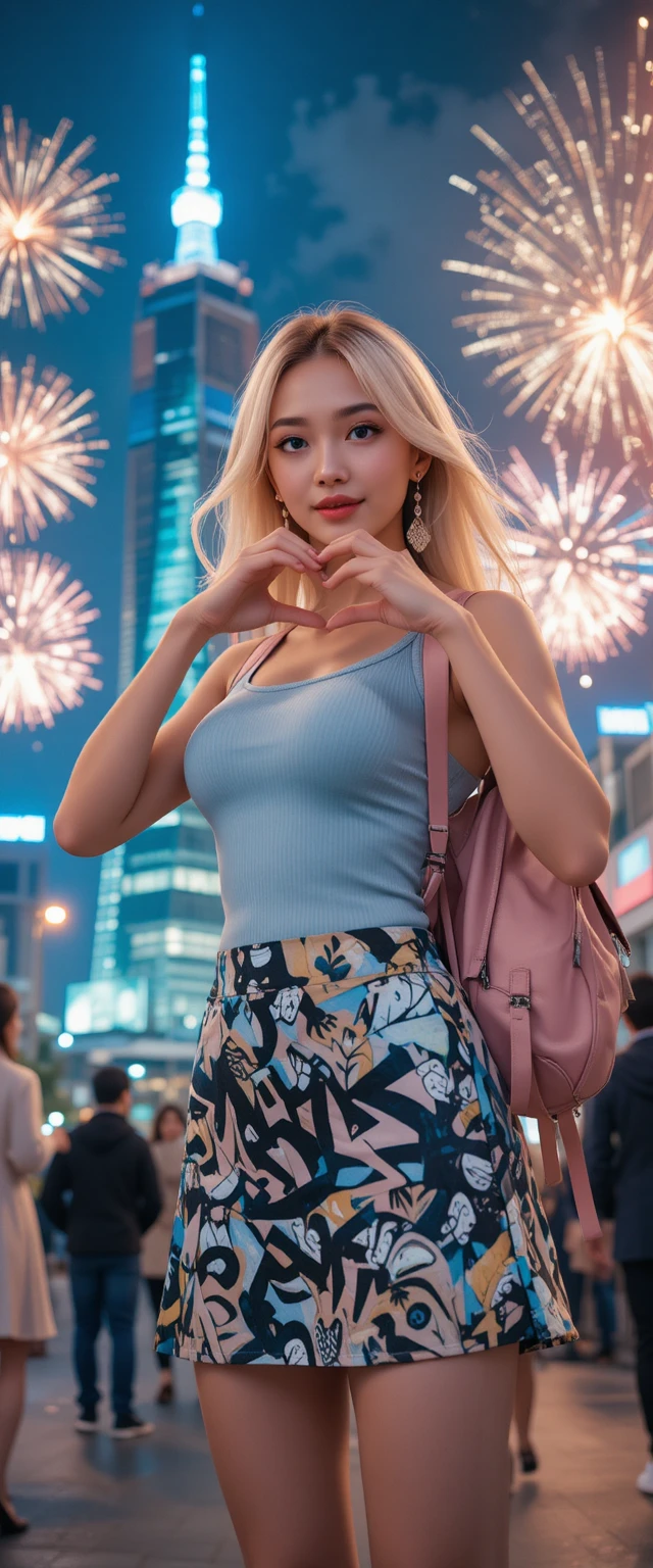 Donna bionda che si scatta un allegro selfie davanti al Taipei 101