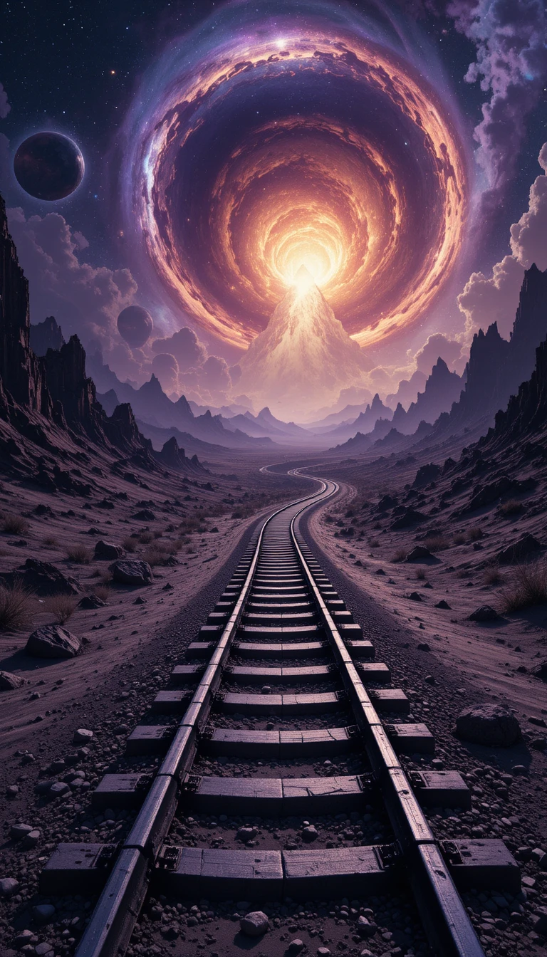 Vía de tren cósmica que se curva a través de un vasto paisaje alienígena