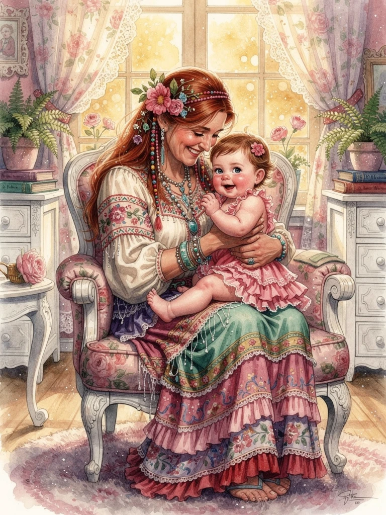 Nonna bohemien che coccola un bambino in un soggiorno ad acquerello
