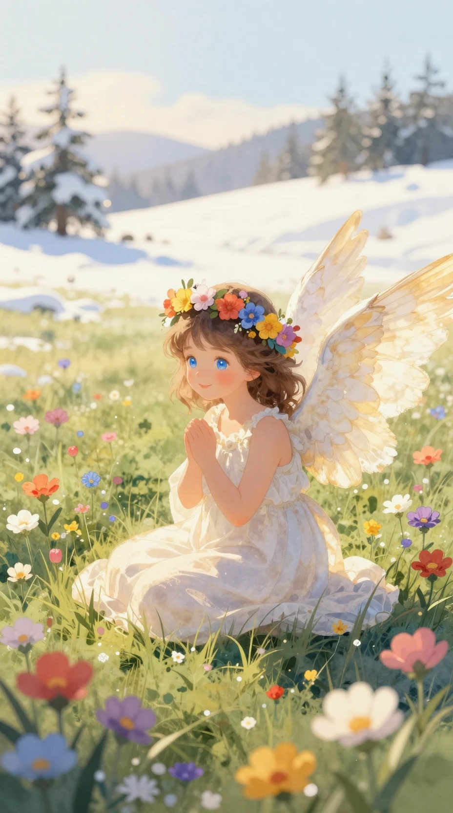 Gentle angel in a flower meadow under winter sunlight