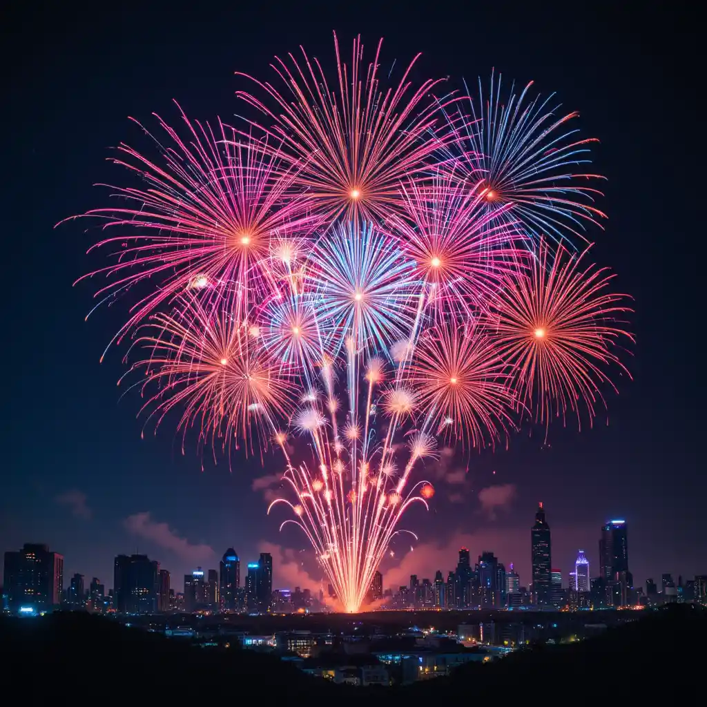 Feux d'artifice colorés au-dessus de la ligne d'horizon lumineuse d'une ville futuriste
