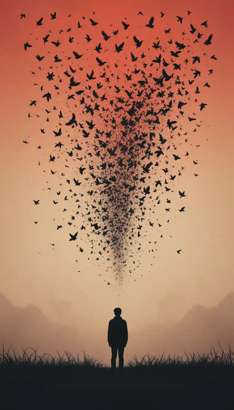 草地上仰望鳥群的剪影人影