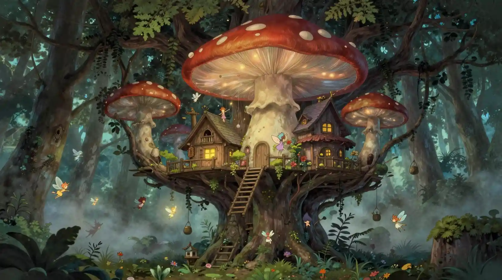 Whimsical treehouse village in a glowing forest mushroom