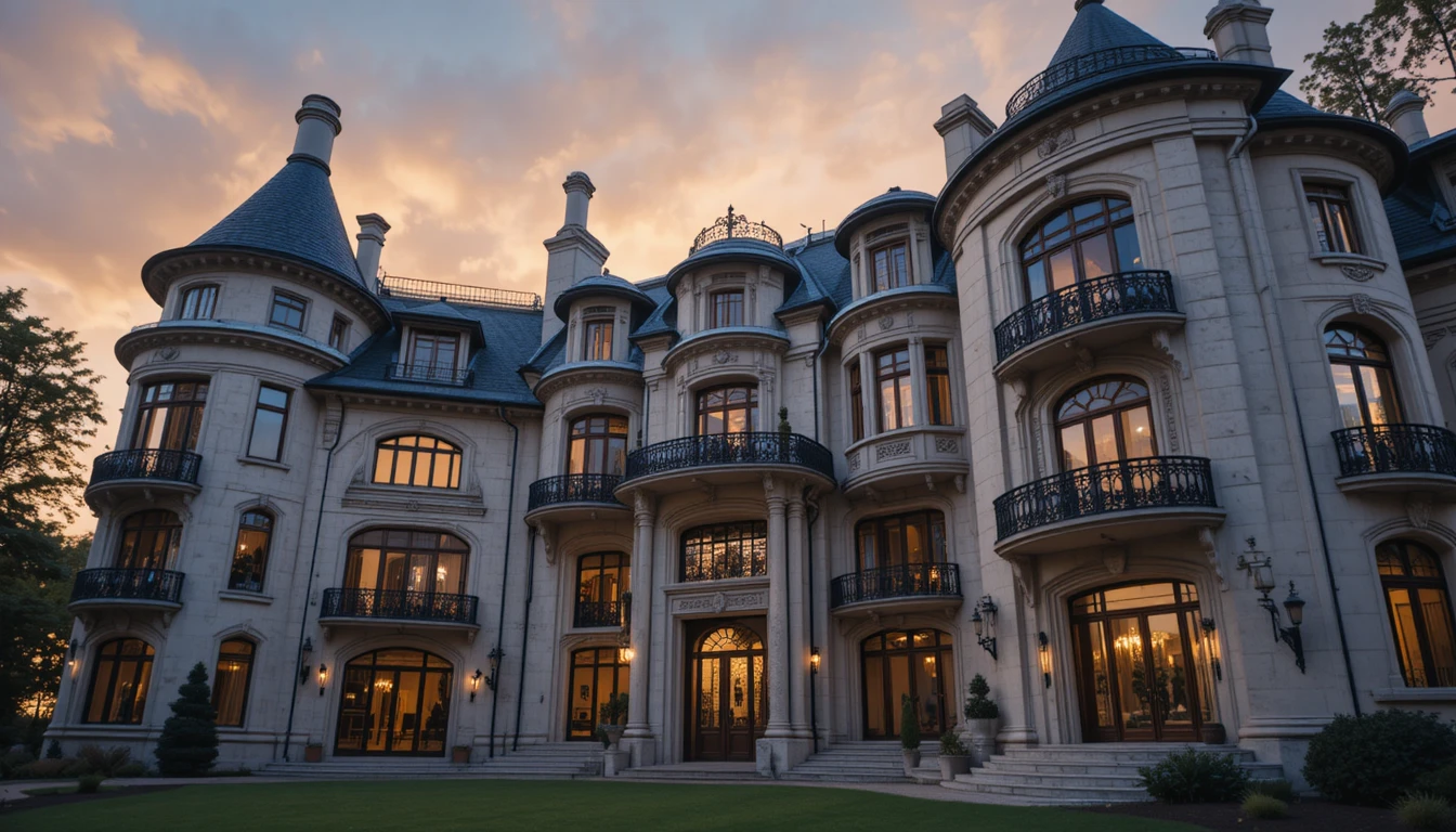 Facciata di villa art nouveau che brilla nella calda luce del tramonto