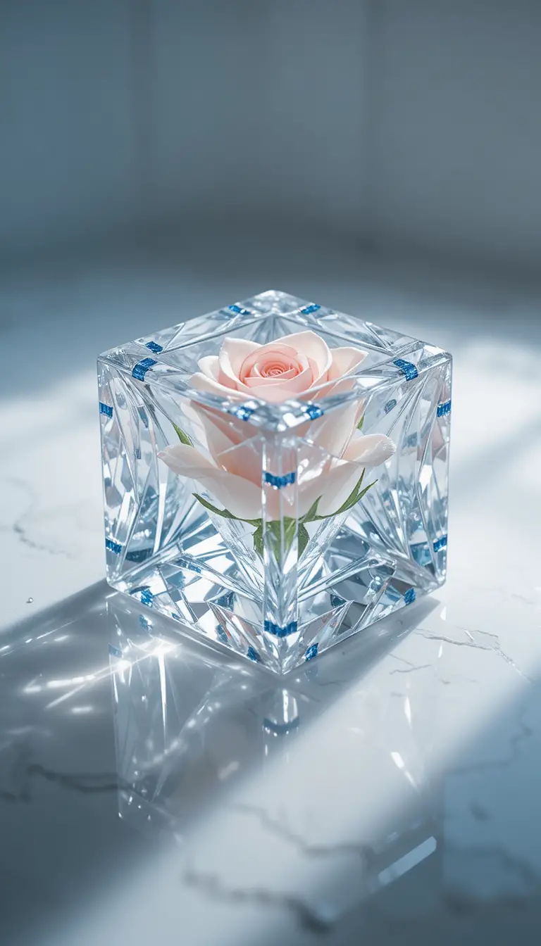 Crystal ice cube with diamond facets and a frozen rose