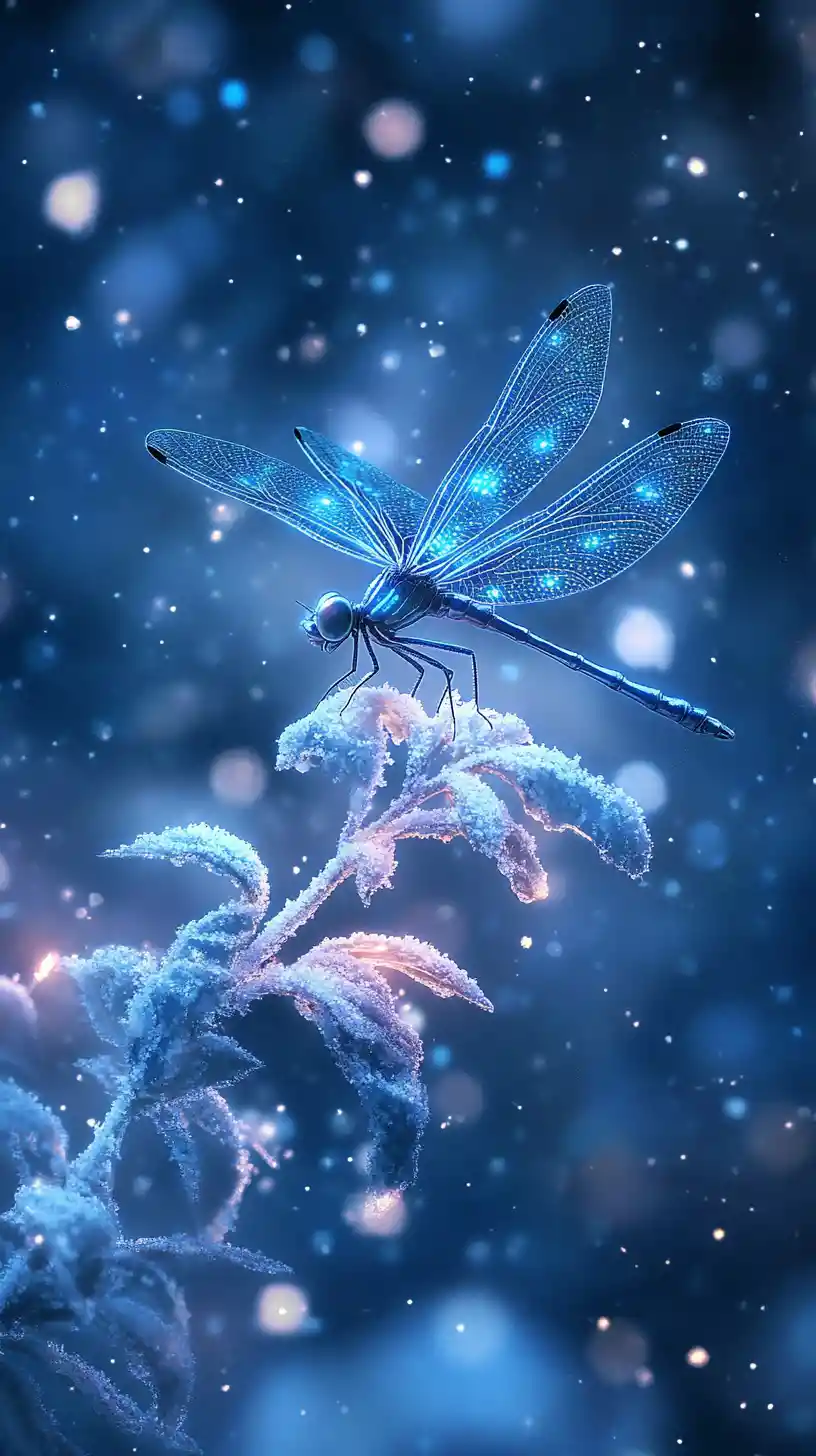 Blaue Libelle leuchtend auf gefrorenem Kraut im fallenden Schnee