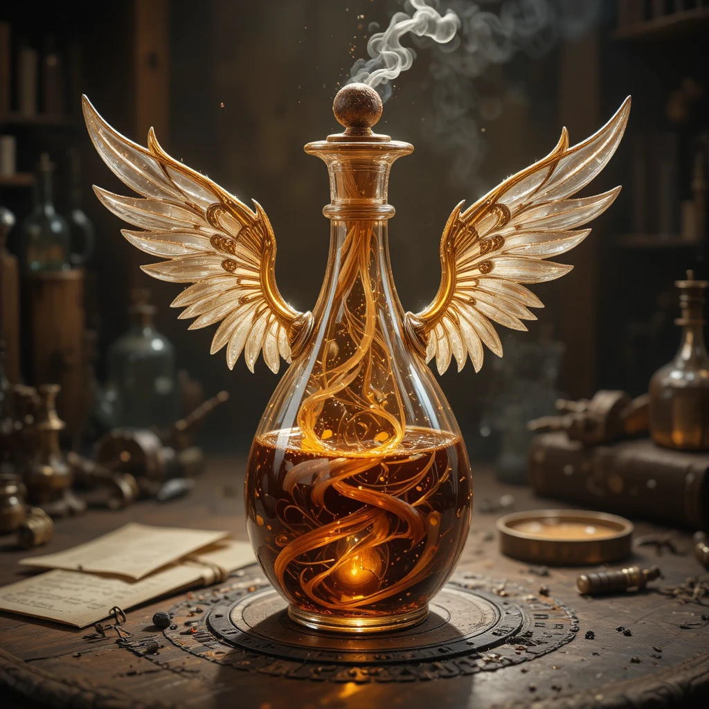 Leuchtende Fantasy-Trankflasche auf einem abgenutzten Alchemistentisch
