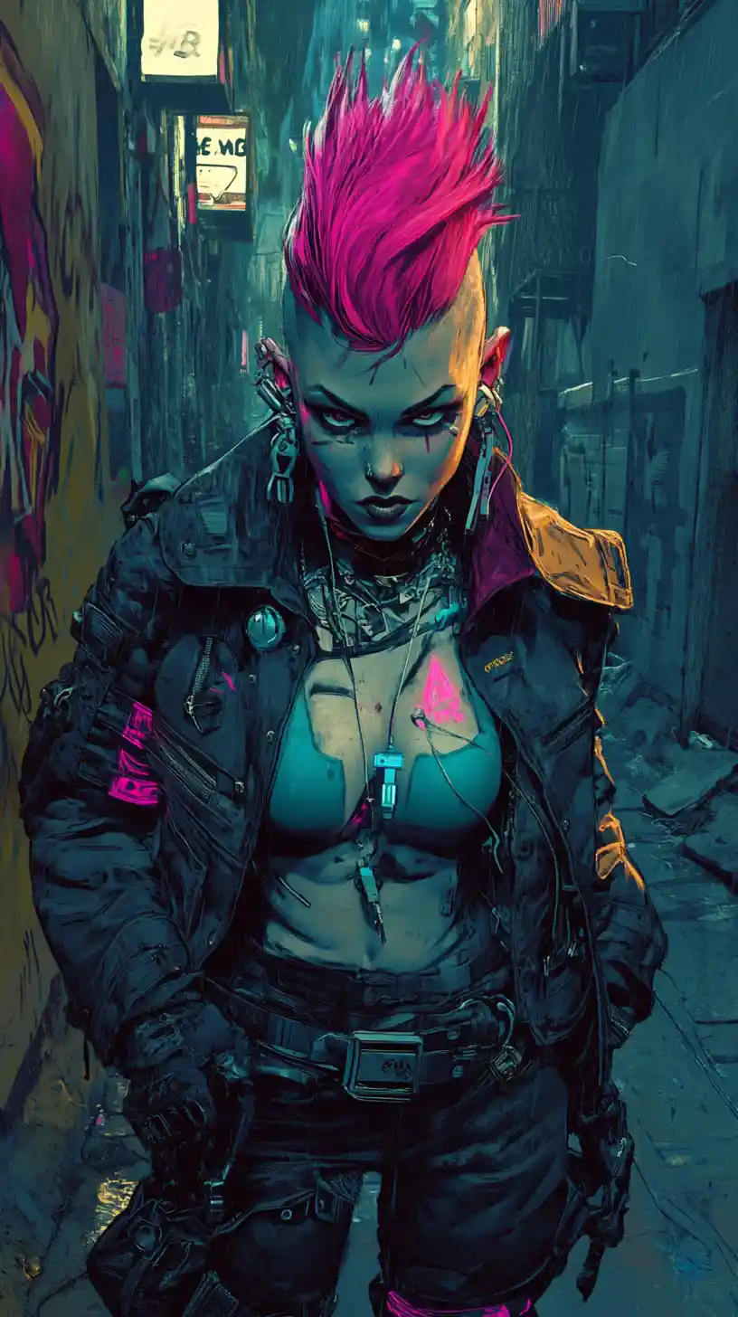 Mujer Cyberpunk Rebelde en Callejón de Graffiti Iluminado con Neón