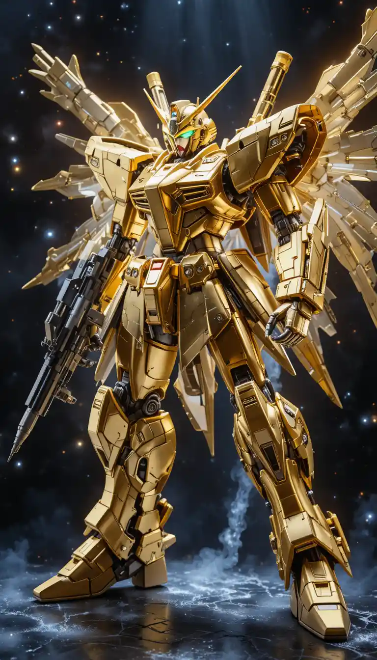 Golden mecha robot in dynamic pose against space backdrop