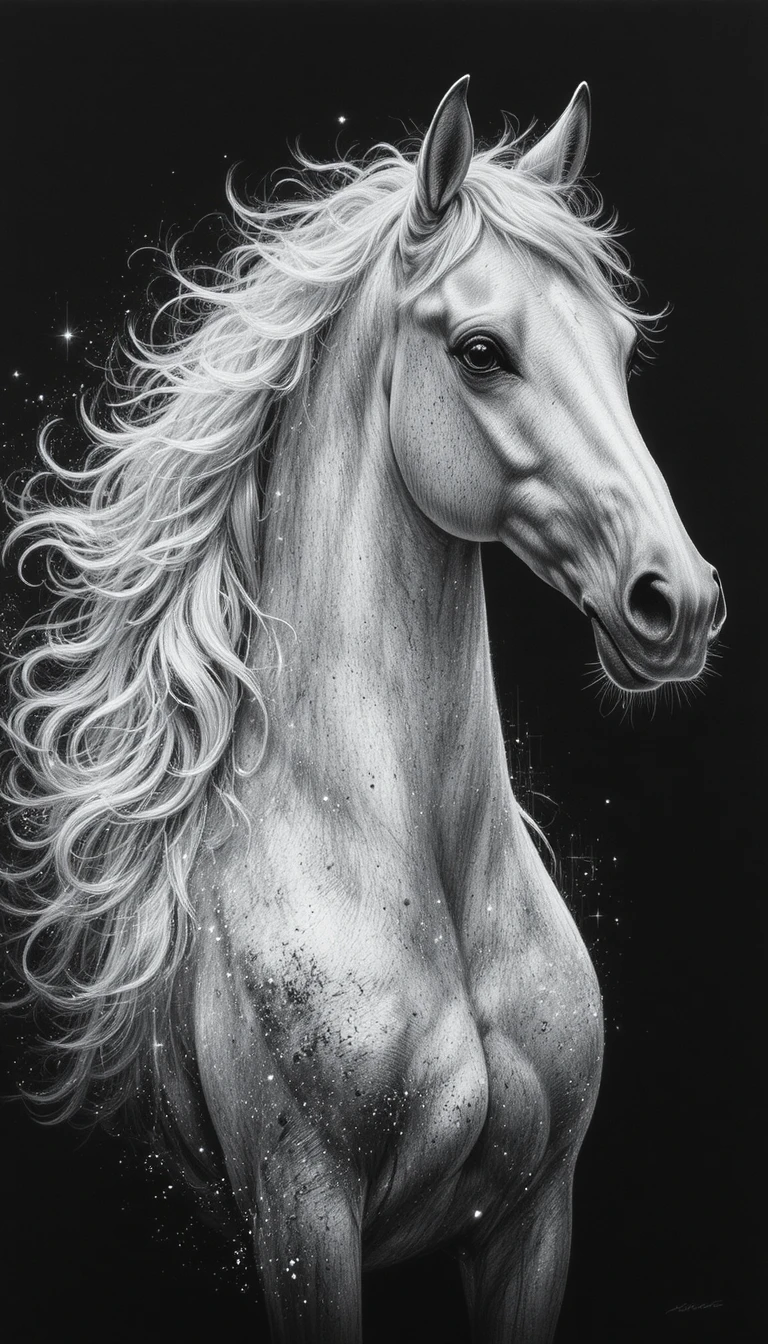 Retrato de cavalo árabe branco em papel preto com poeira brilhante