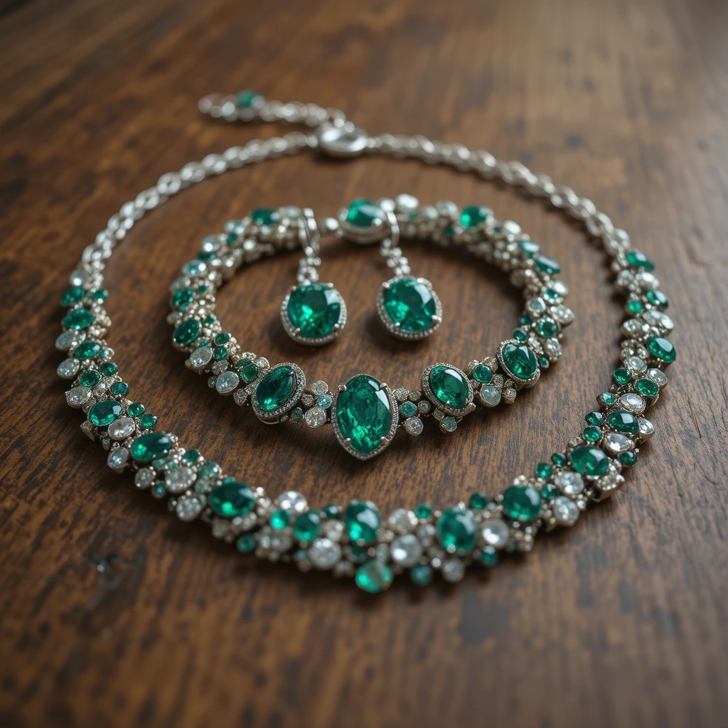 Smaragdschmuck-Set auf einem schlichten Holztisch arrangiert