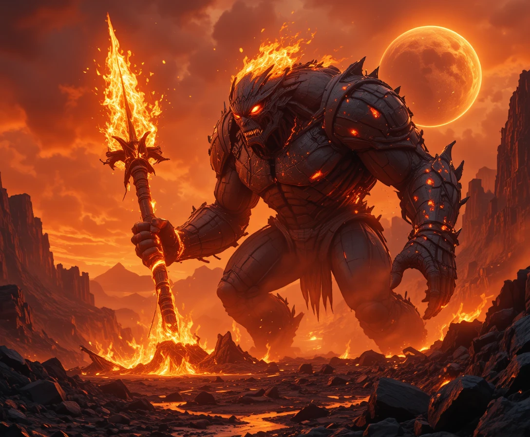 Kneeling Magma Warrior With Flaming Sword On Volcanic Ground