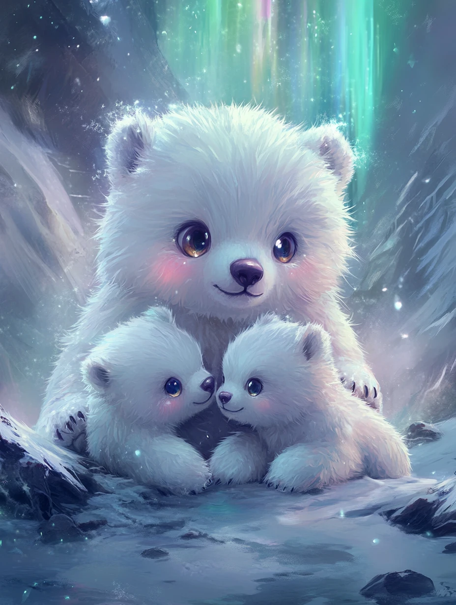 Mamãe urso‑polar chibi vigiando filhotes brincalhões