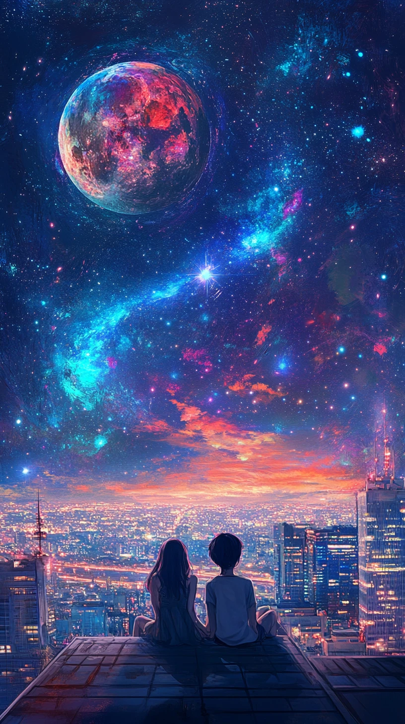 Filles d’anime observant les étoiles ensemble sur un toit calme en ville