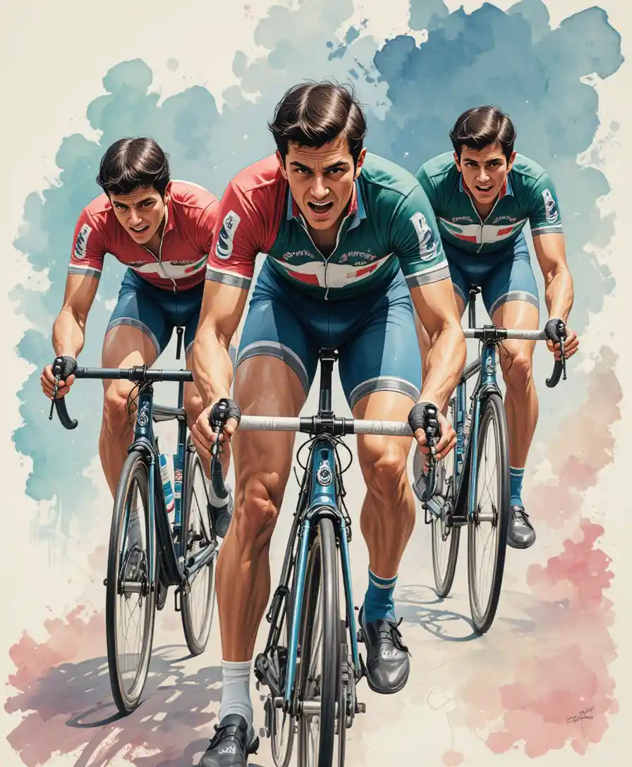 Illustrazione ad acquerello di tre ciclisti vintage in gara serrata