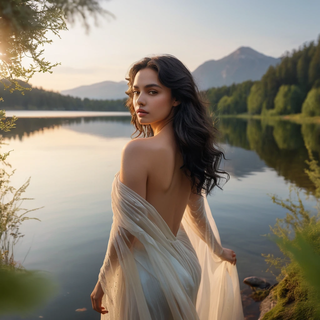 Sensual woman reclining by a sunlit tranquil lake