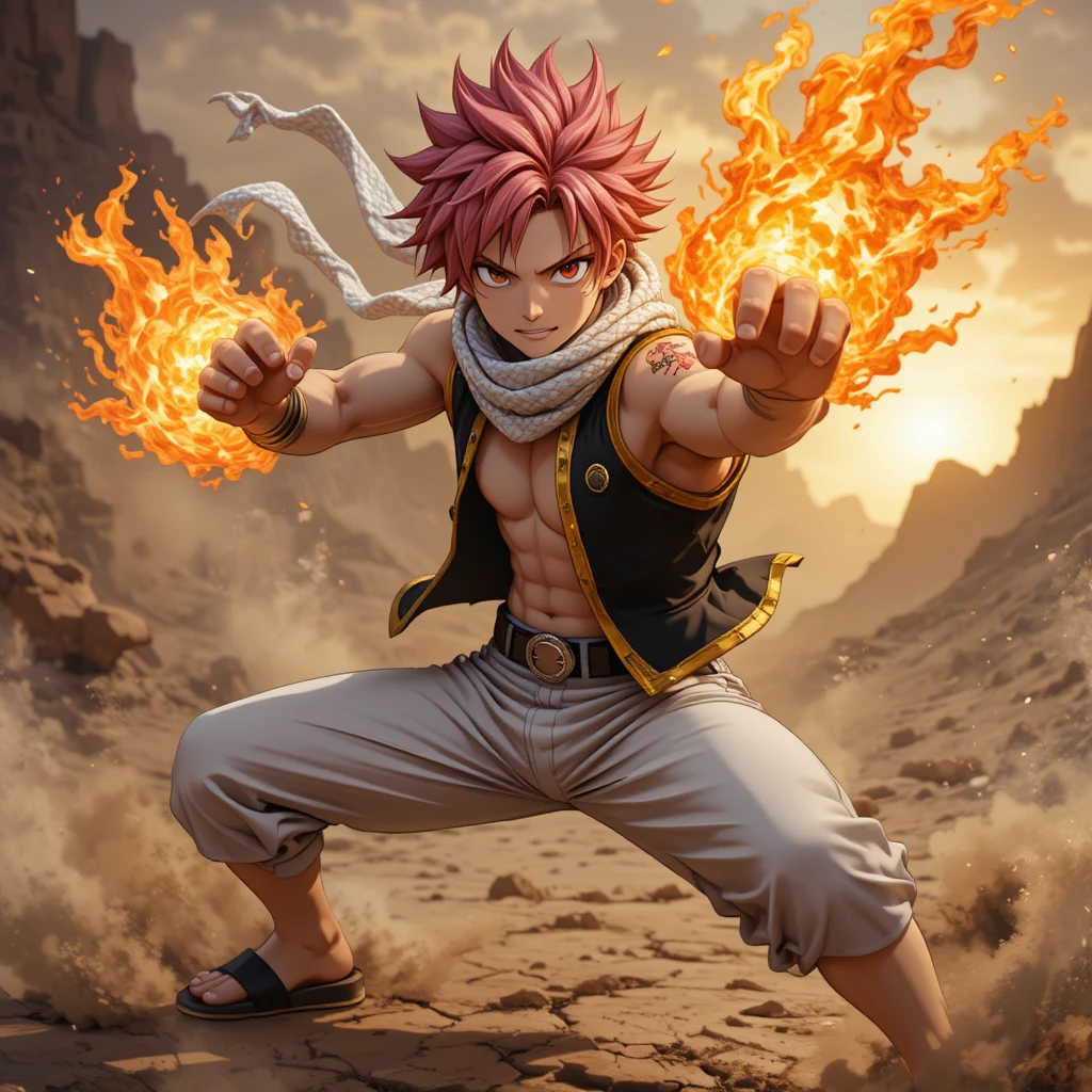 Mago de fogo de anime em pose dinâmica de combate