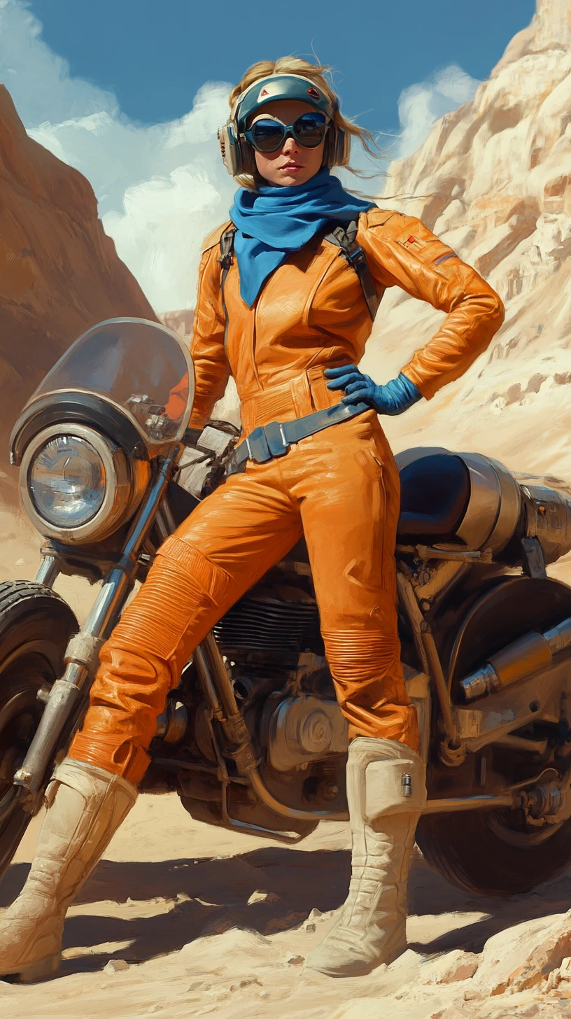 Determined desert racer resting beside her modified speeder bike