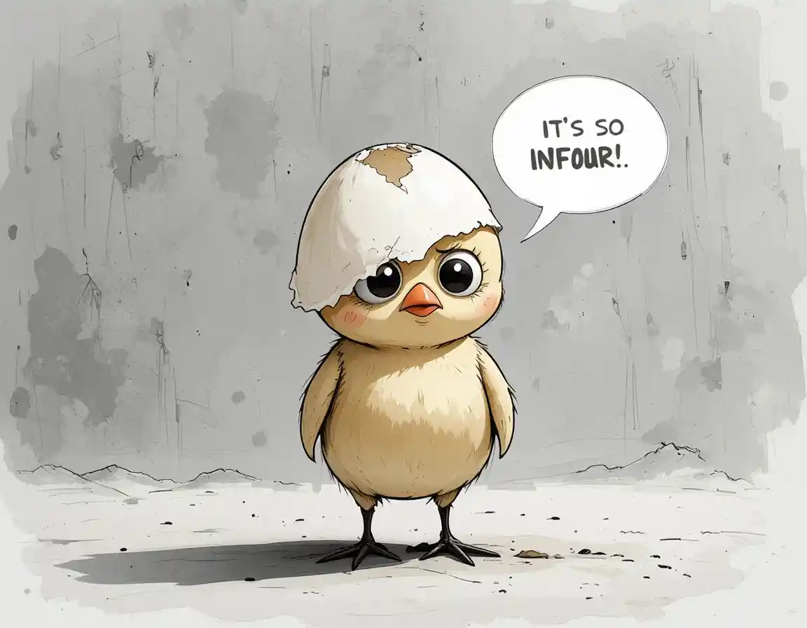 Sad cartoon chick with eggshell hat in gray minimal space