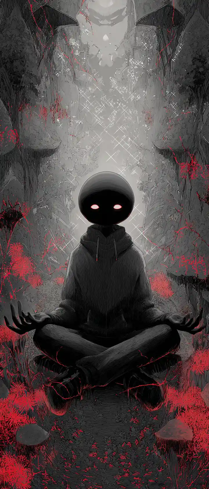 Silhouette d’anime sereine parmi de sombres tapisseries oniriques chaotiques