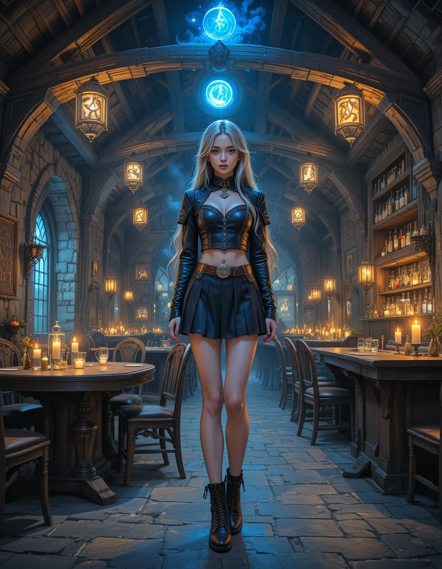 Anime-Mädchen in mystischer mittelalterlicher Taverne mit Kerzen