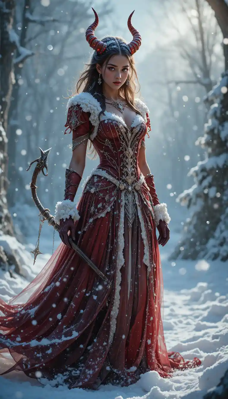 Devil In Christmas Dress Standing Alone In Winter Snow