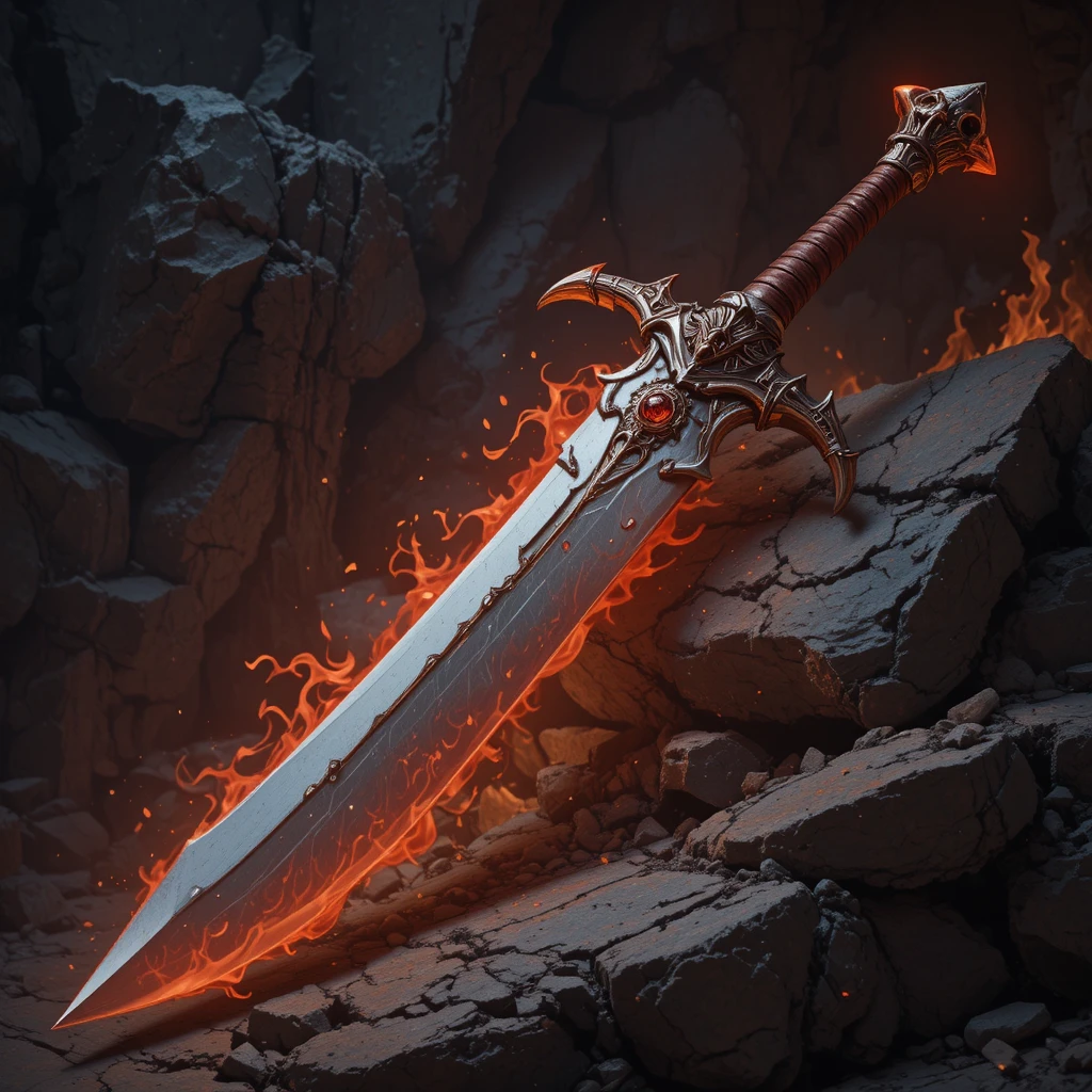 Lendária espada longa flamejante forjada de um dragão vermelho abatido