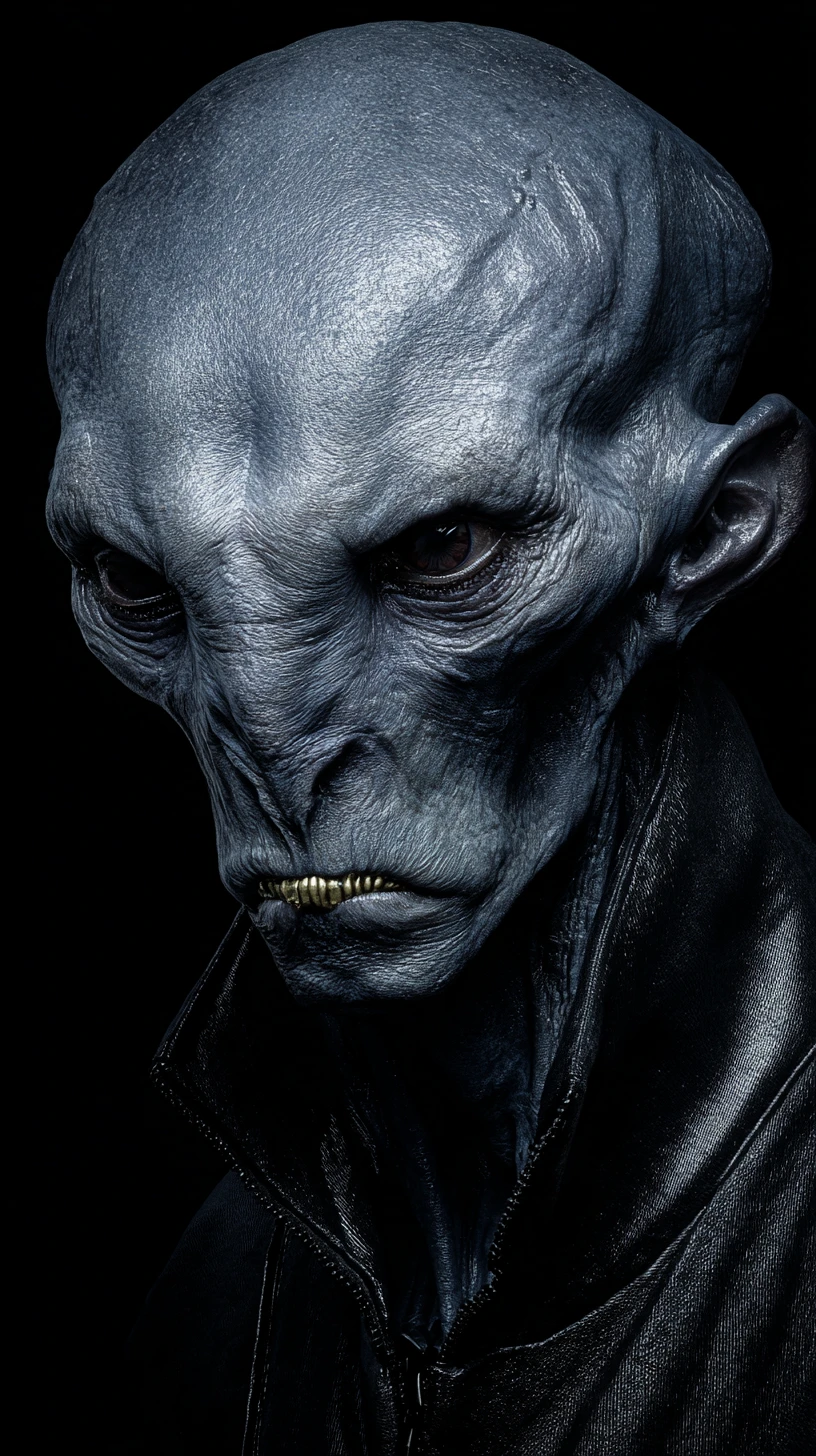 Criatura humanoide cinza careca em retrato com látex preto brilhante