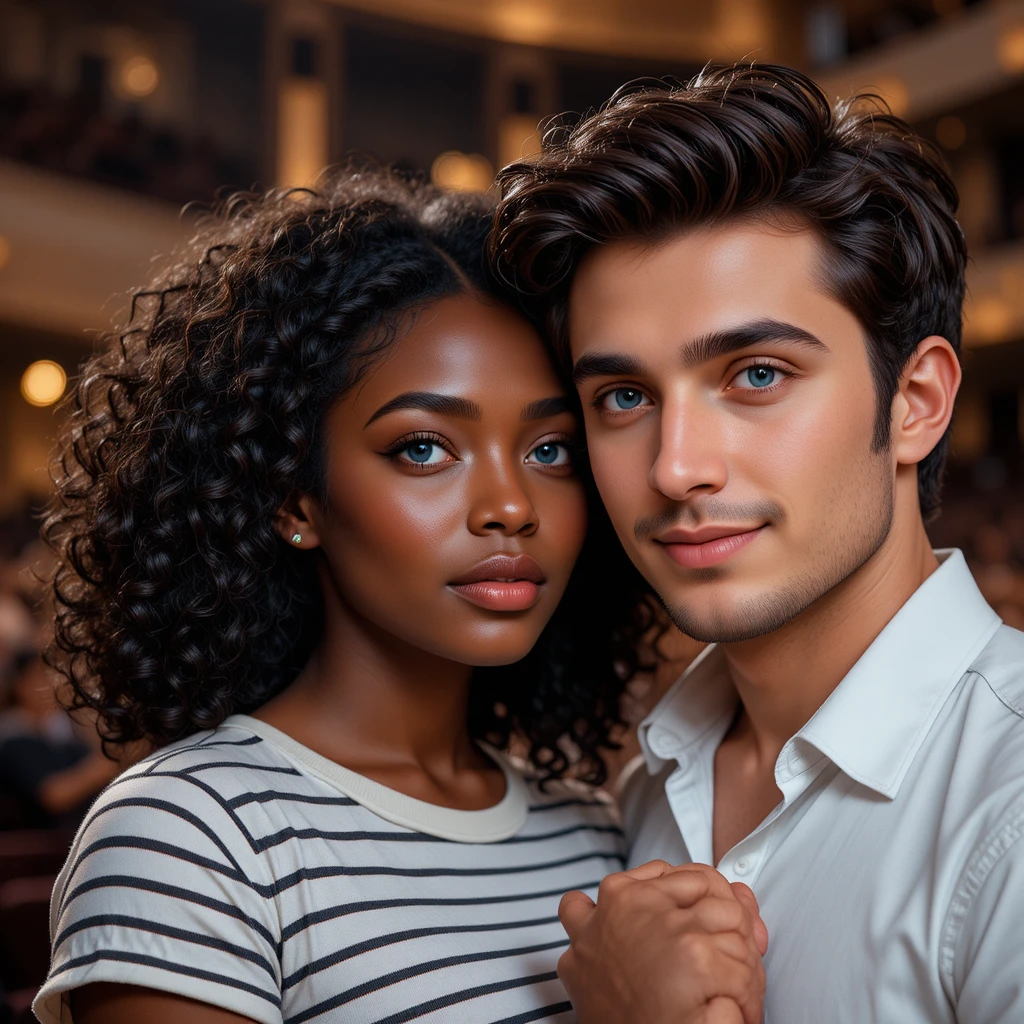 Crying young woman holding a man in a concert hall