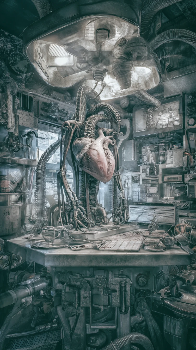 Anatomia de ciborgue fundida com máquinas em um laboratório escuro