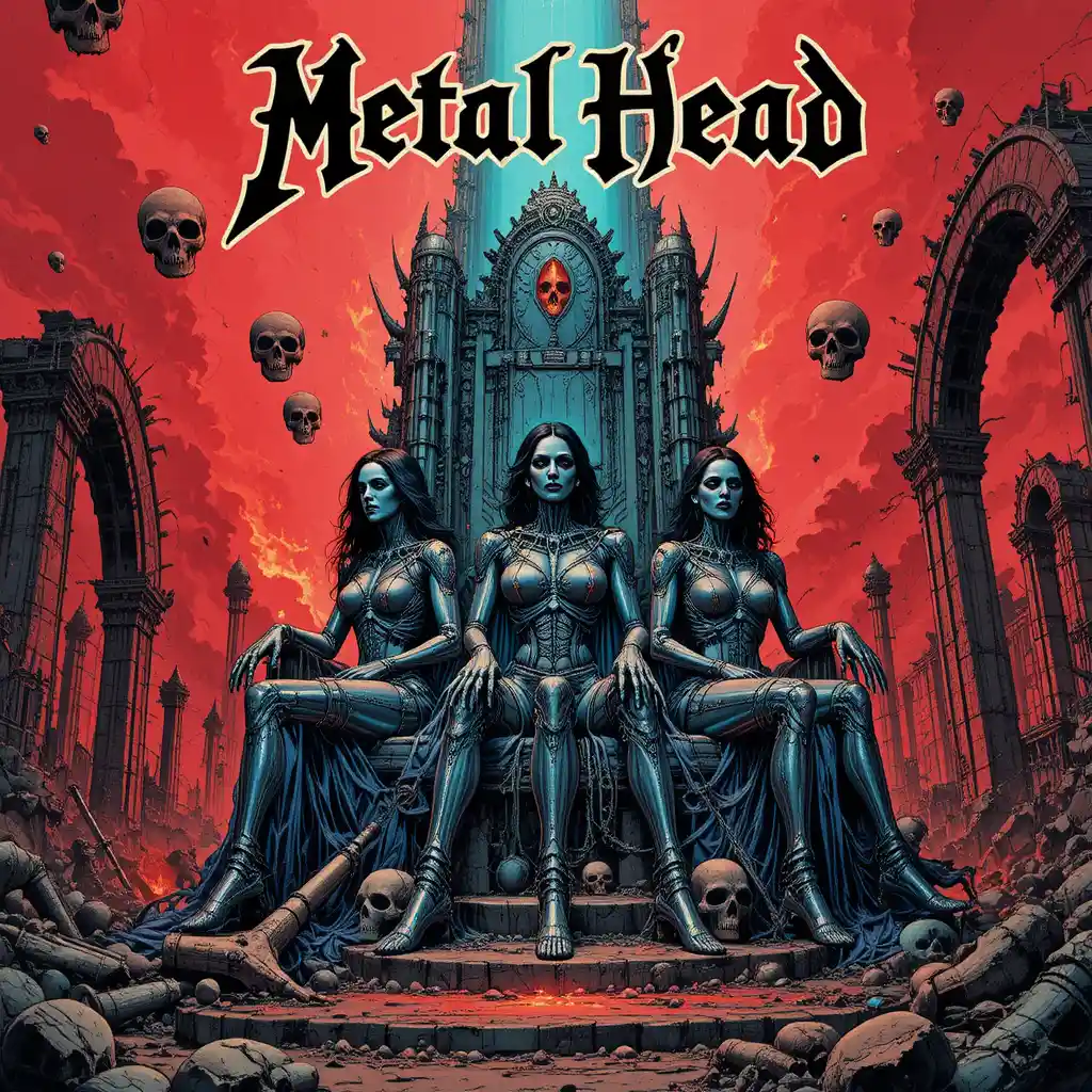 Cybernetic warrior queens on a throne of skulls and metal