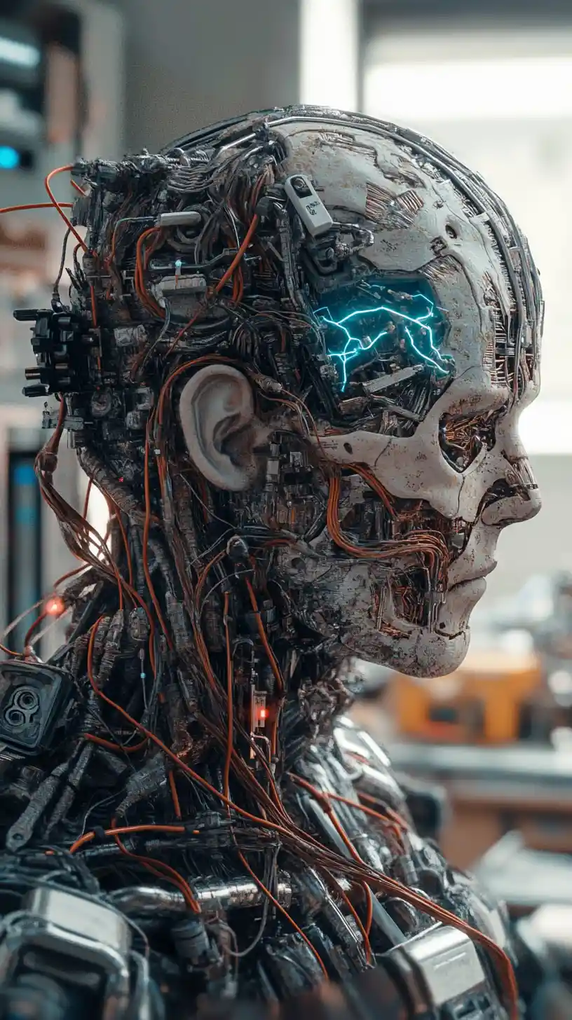 Cyborg-Techniker, der mit einem industriellen Maschinensystem verschmolzen ist