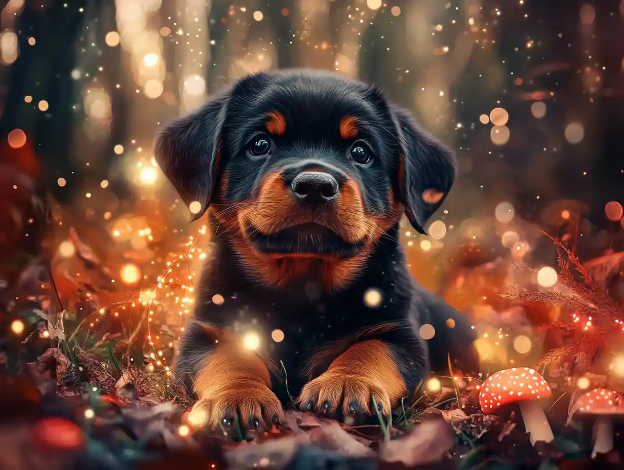 Whimsical rottweiler puppy in an enchanted autumn forest
