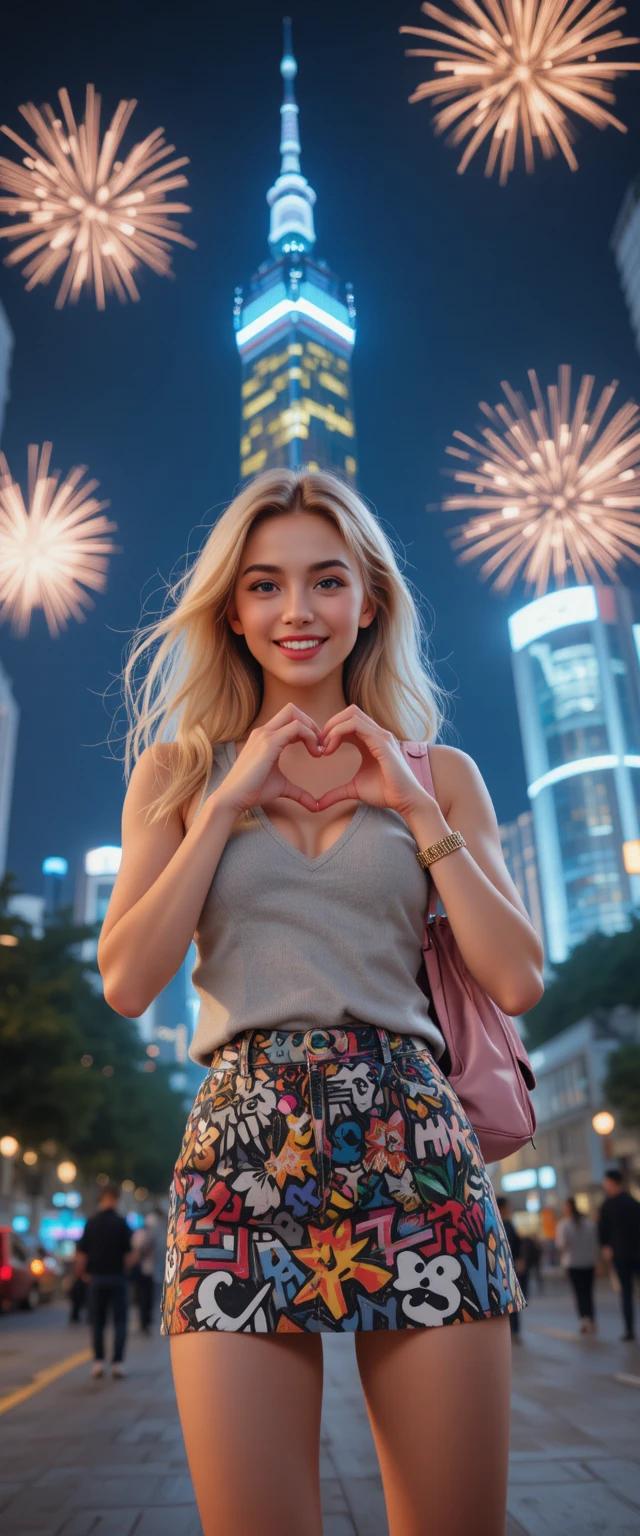Femme blonde prenant un selfie joyeux devant le feu d’artifice du Taipei 101