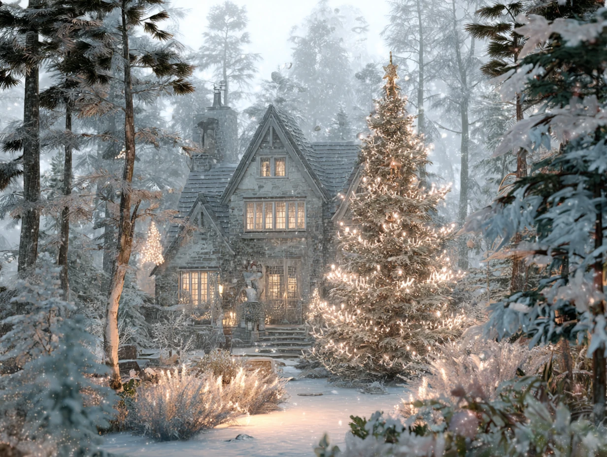 Acogedora Cabaña en un Sereno Bosque Invernal – Escena de Navidad