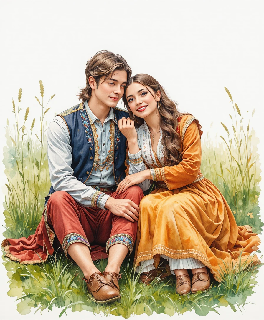 Watercolor couple in Bulgarian folk costumes on green field