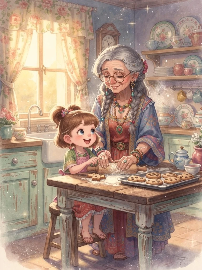Nonna bohemien che prepara biscotti con la nipote in una cucina accogliente