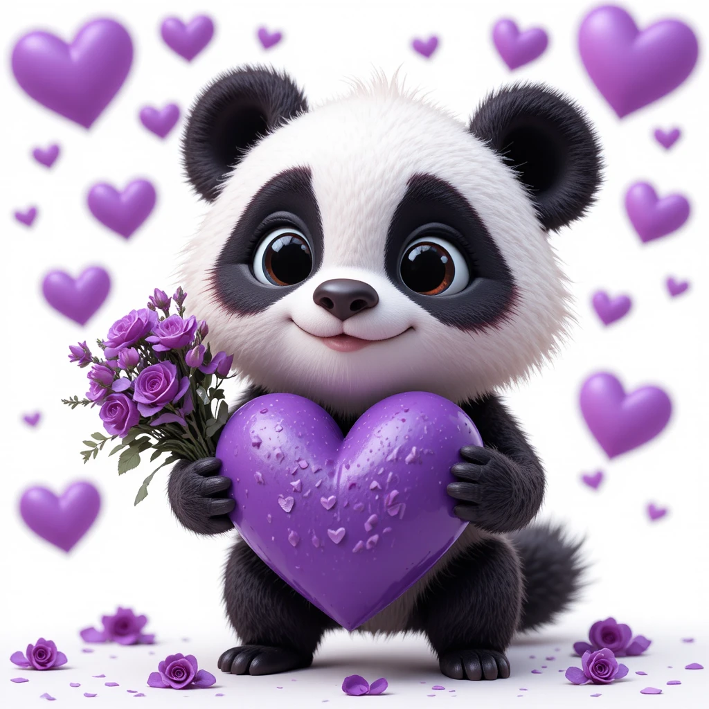 Fofo panda 3D com coração roxo e rosas