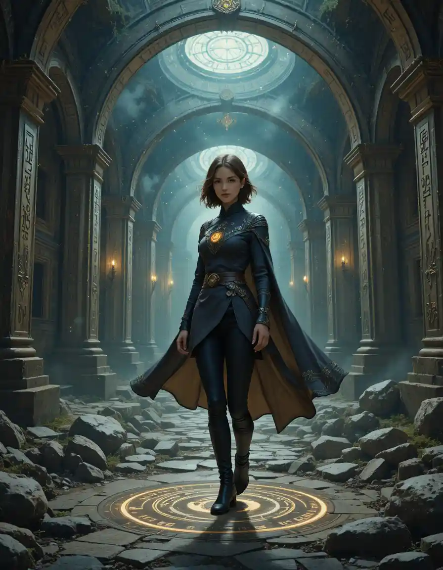 Young mage woman in ruins of a glowing ancient sanctuary