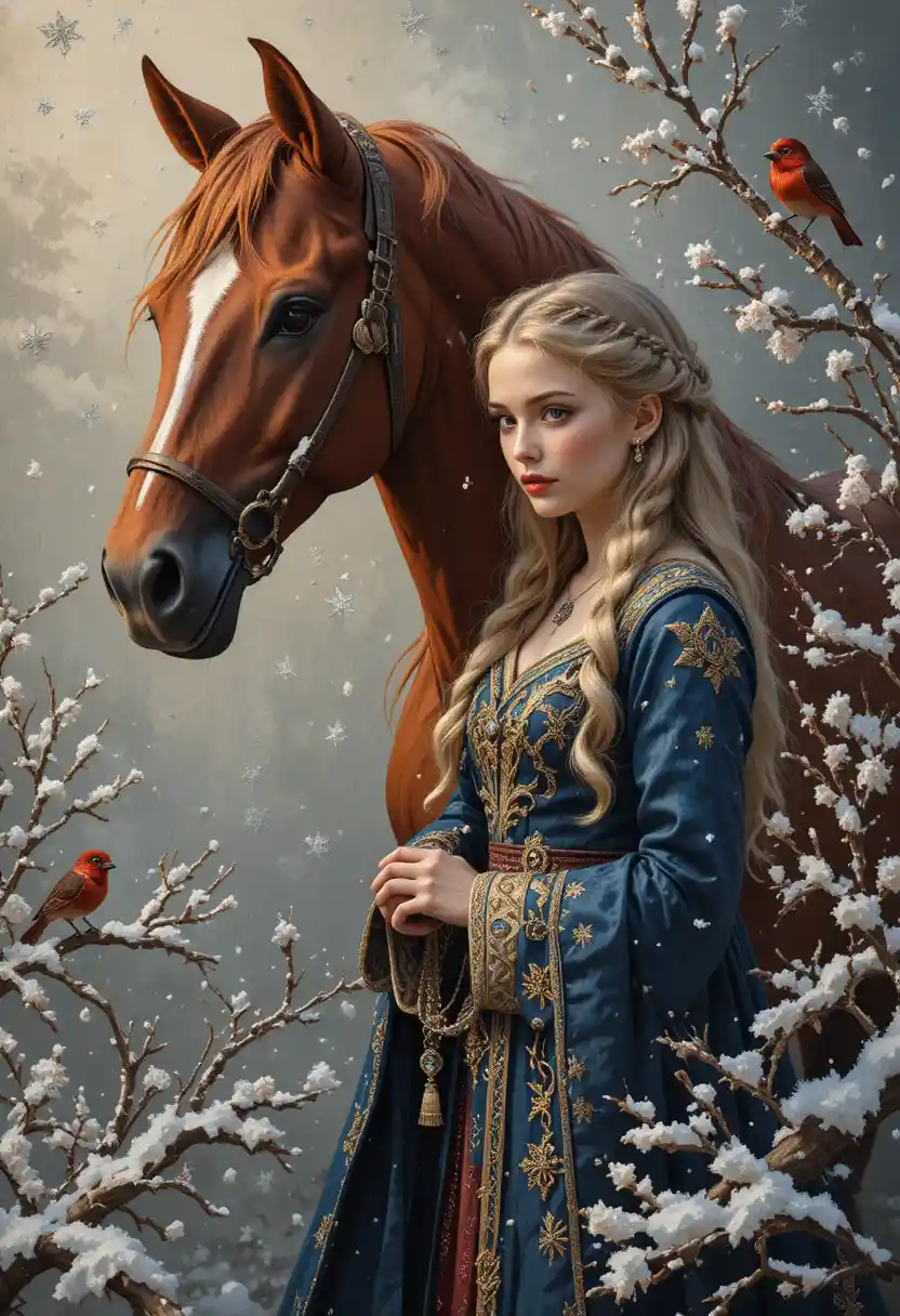Cavalo vermelho com figura de inverno na neve caindo e pássaros