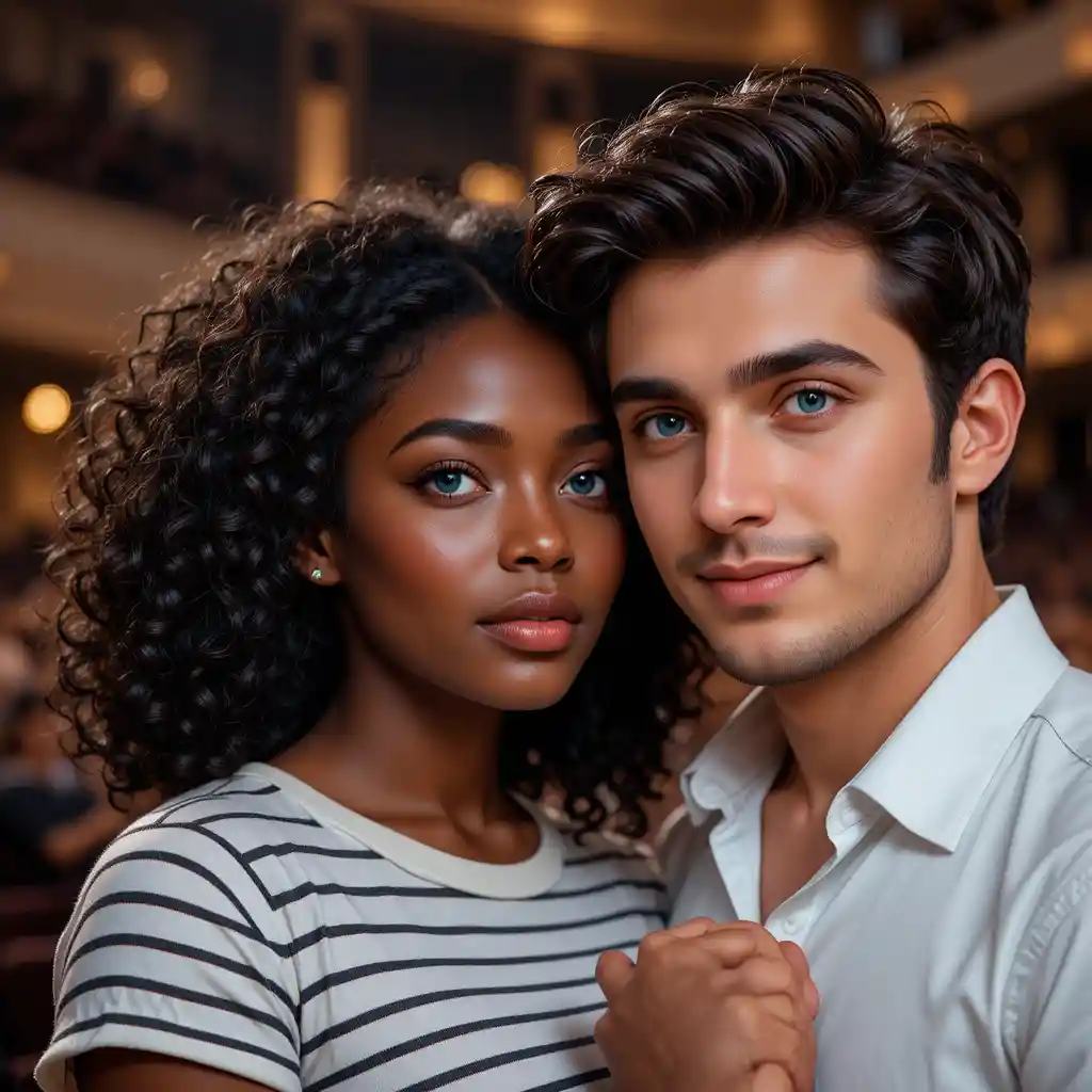 Crying young woman holding a man in a concert hall