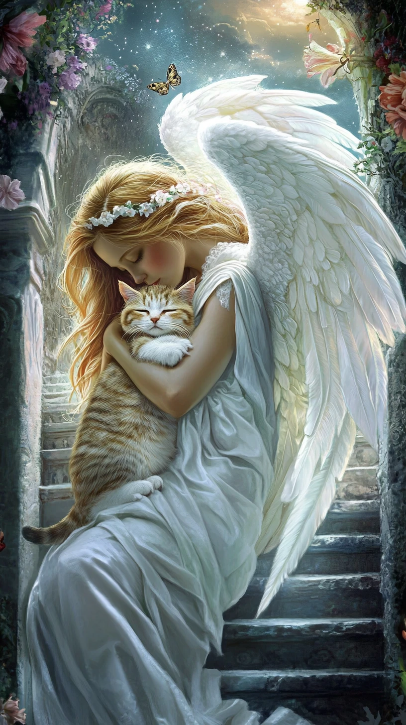 Angel carrying a sleeping cat up stairs to heaven