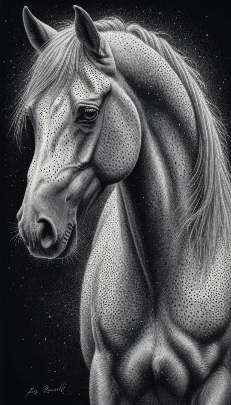 Majestic white Arabian horse portrait on dark starry background